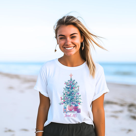 Bella Canvas T-Shirt White-Watercolor Sugar Plum Christmas Tree -2