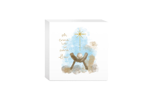 5x5 Wood Block-Let Us Adore Him Watercolor Manger