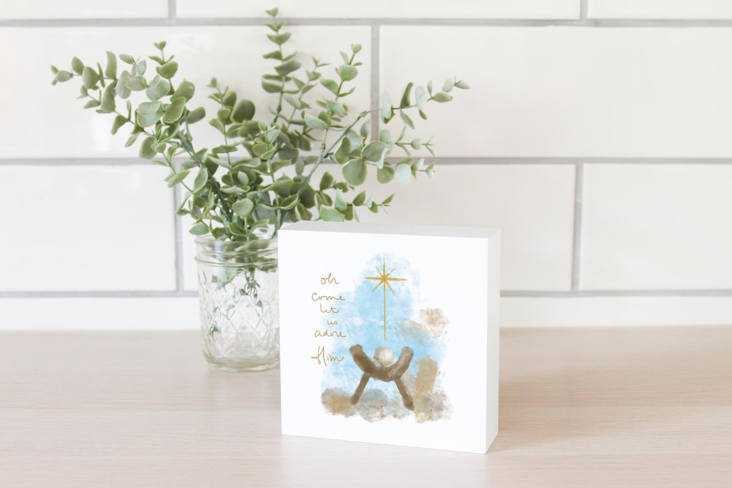 5x5 Wood Block-Let Us Adore Him Watercolor Manger