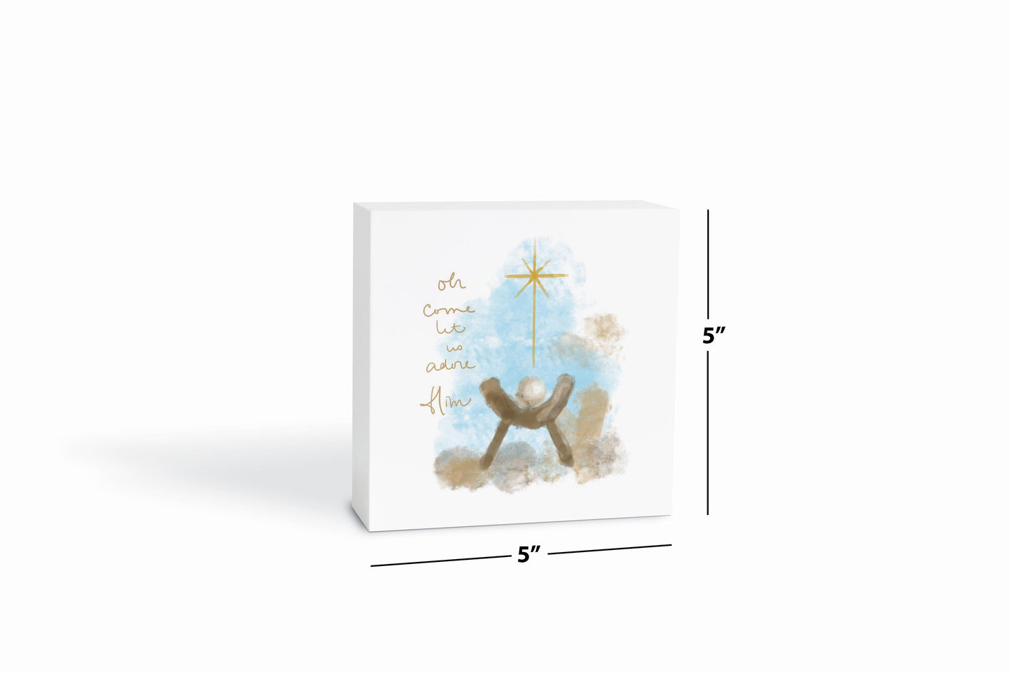 5x5 Wood Block-Let Us Adore Him Watercolor Manger