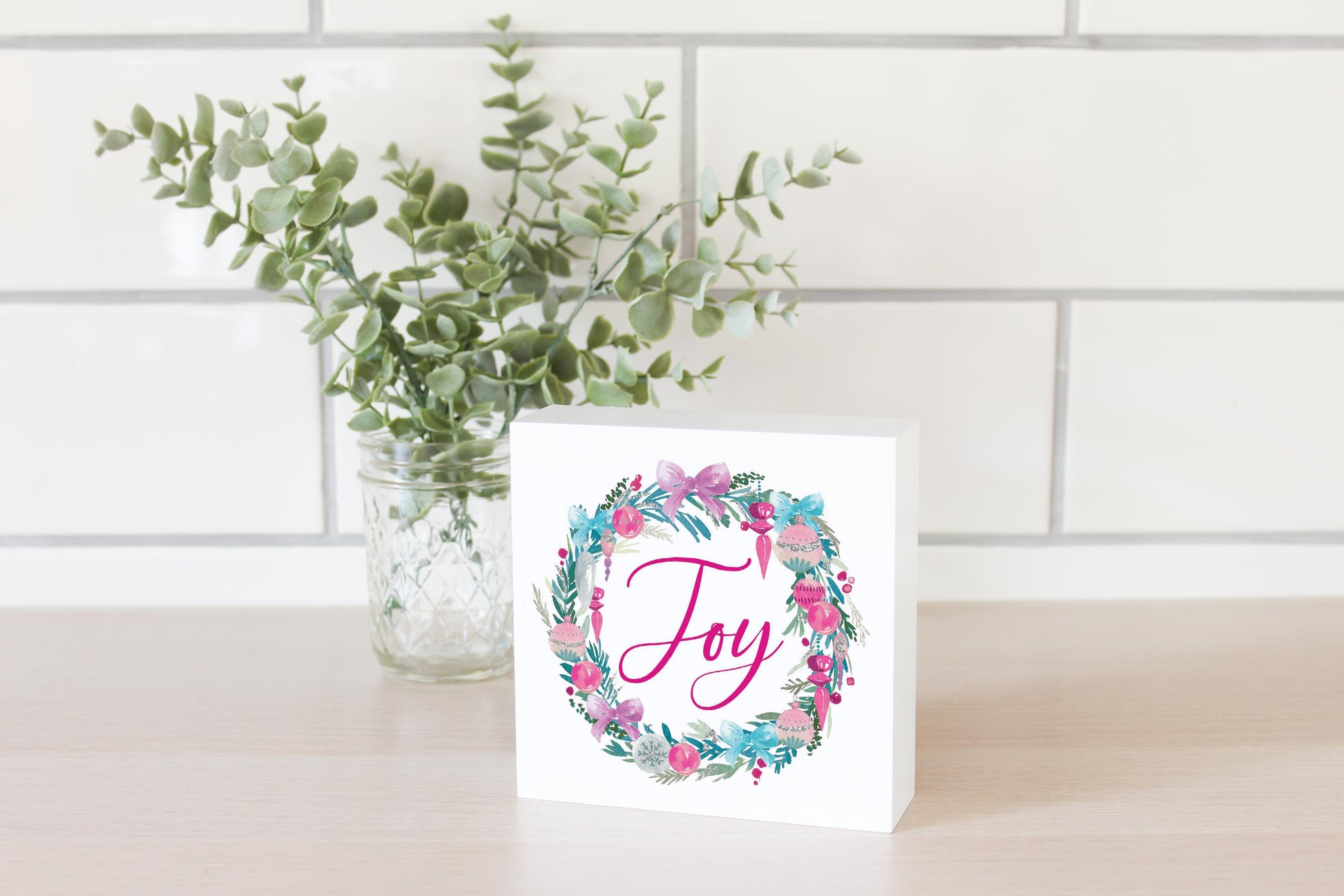 5x5 Wood Block-Watercolor Sugar Plum Joy Wreath -2