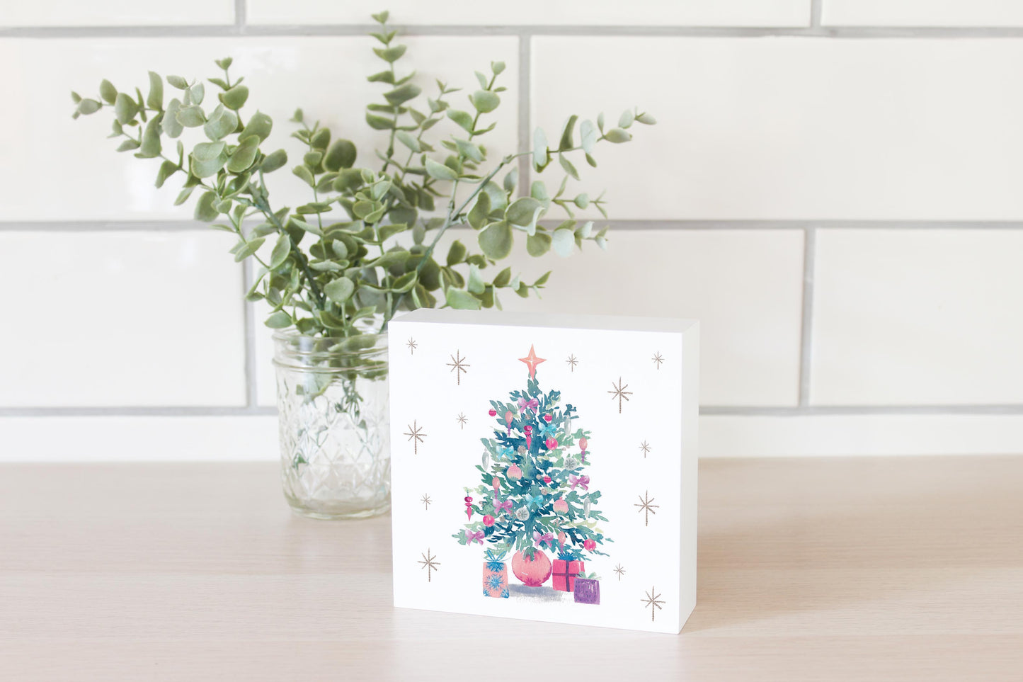 5x5 Wood Block-Watercolor Sugar Plum Christmas Tree -2