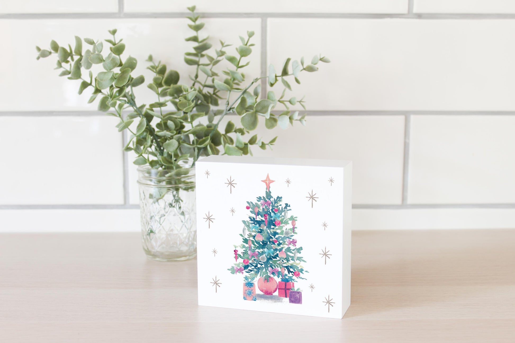 5x5 Wood Block-Watercolor Sugar Plum Christmas Tree -2