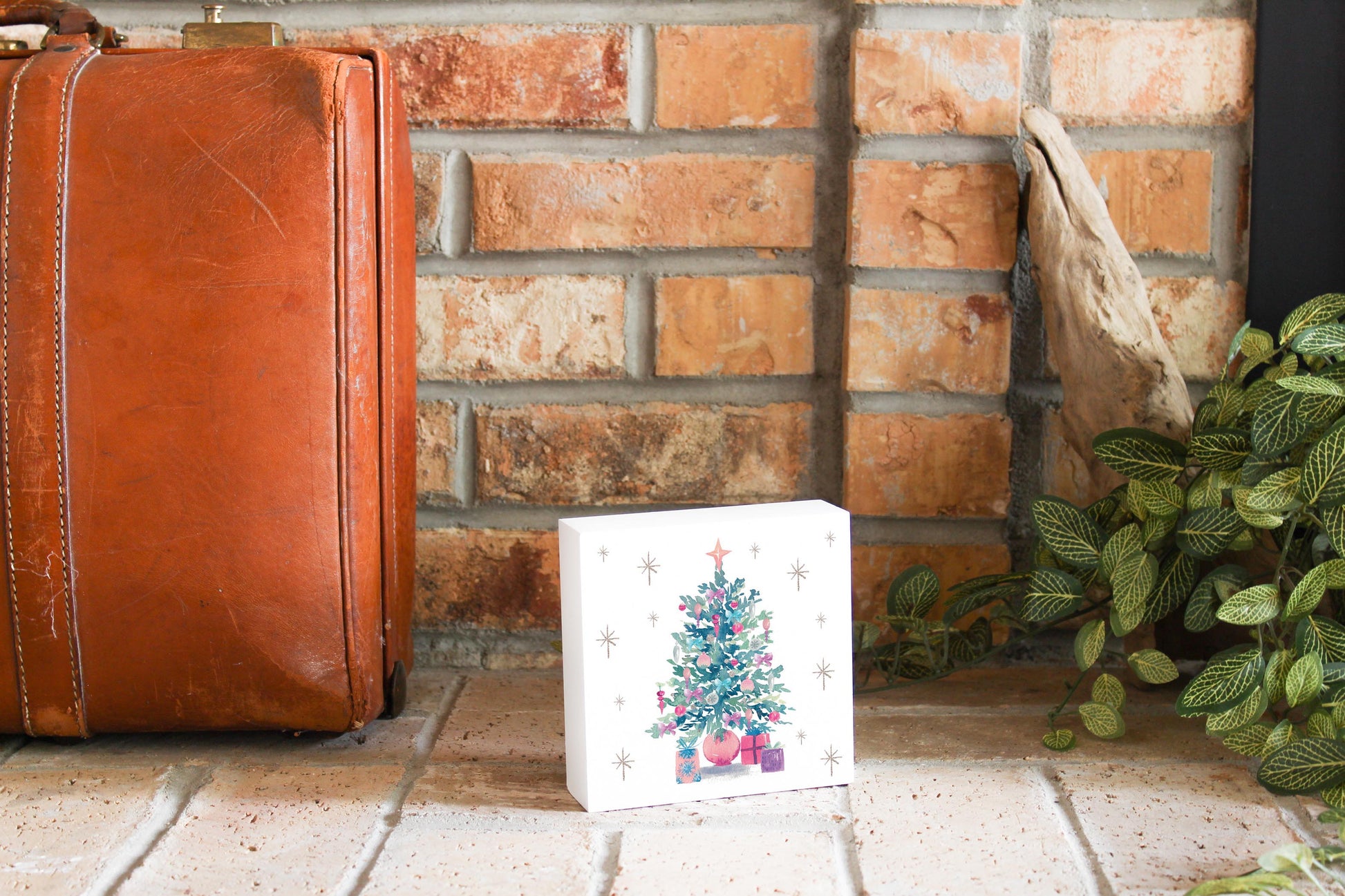 5x5 Wood Block-Watercolor Sugar Plum Christmas Tree -3