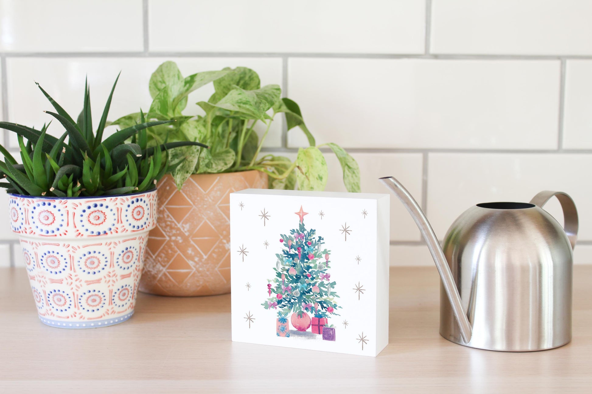 5x5 Wood Block-Watercolor Sugar Plum Christmas Tree -4