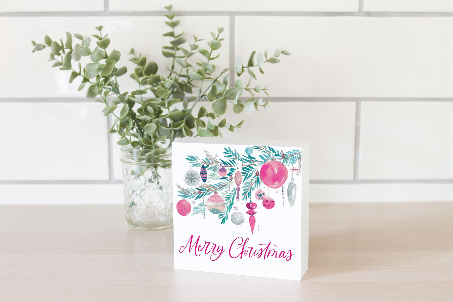 5x5 Wood Block-Watercolor Sugar Plum Merry Christmas -2