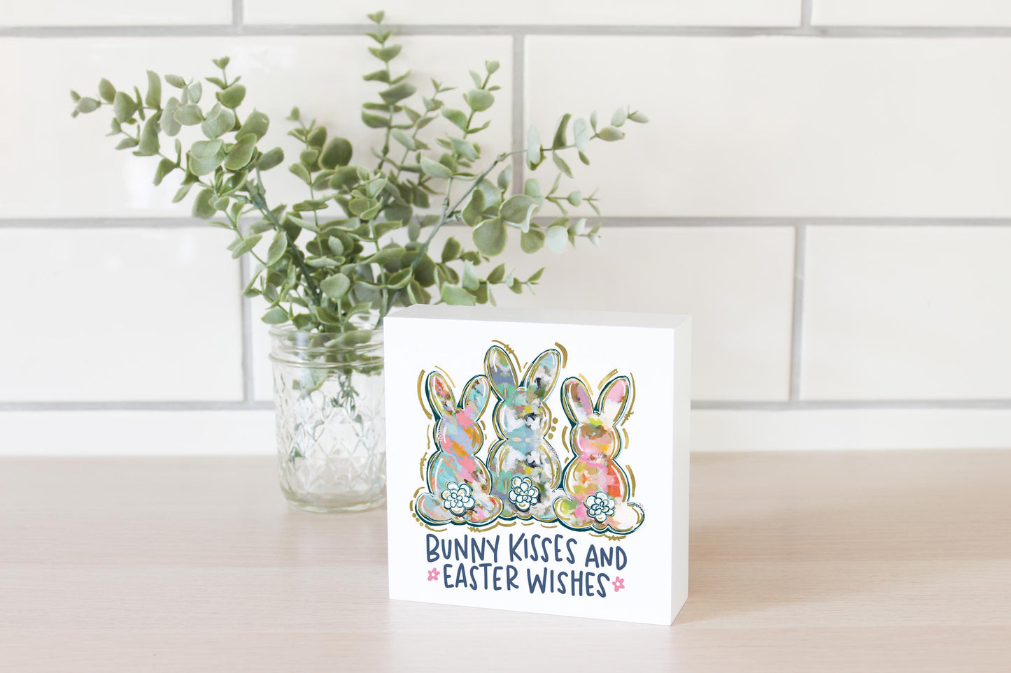 5x5 Wood Block-Bunny Kisses & Easter Wishes