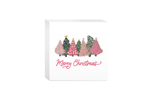 5x5 Wood Block-Pink Trees Merry Christmas