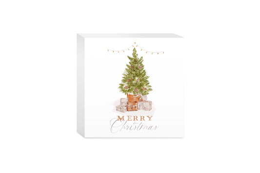5x5 Wood Block-Cottage Tree Merry Christmas