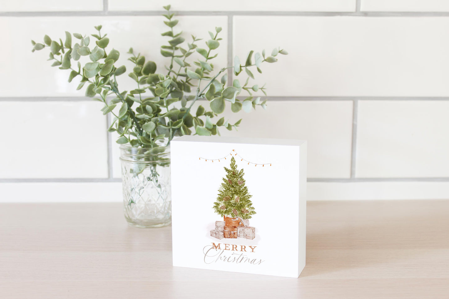 5x5 Wood Block-Cottage Tree Merry Christmas