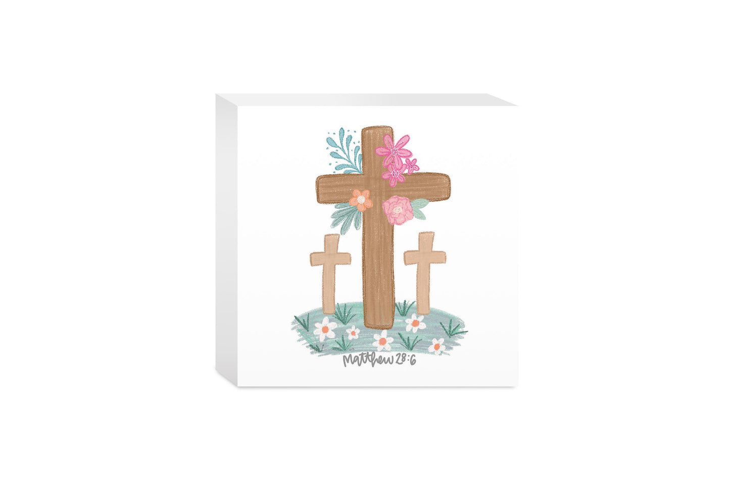 5x5 Wood Block-Floral Cross Matthew 28:6