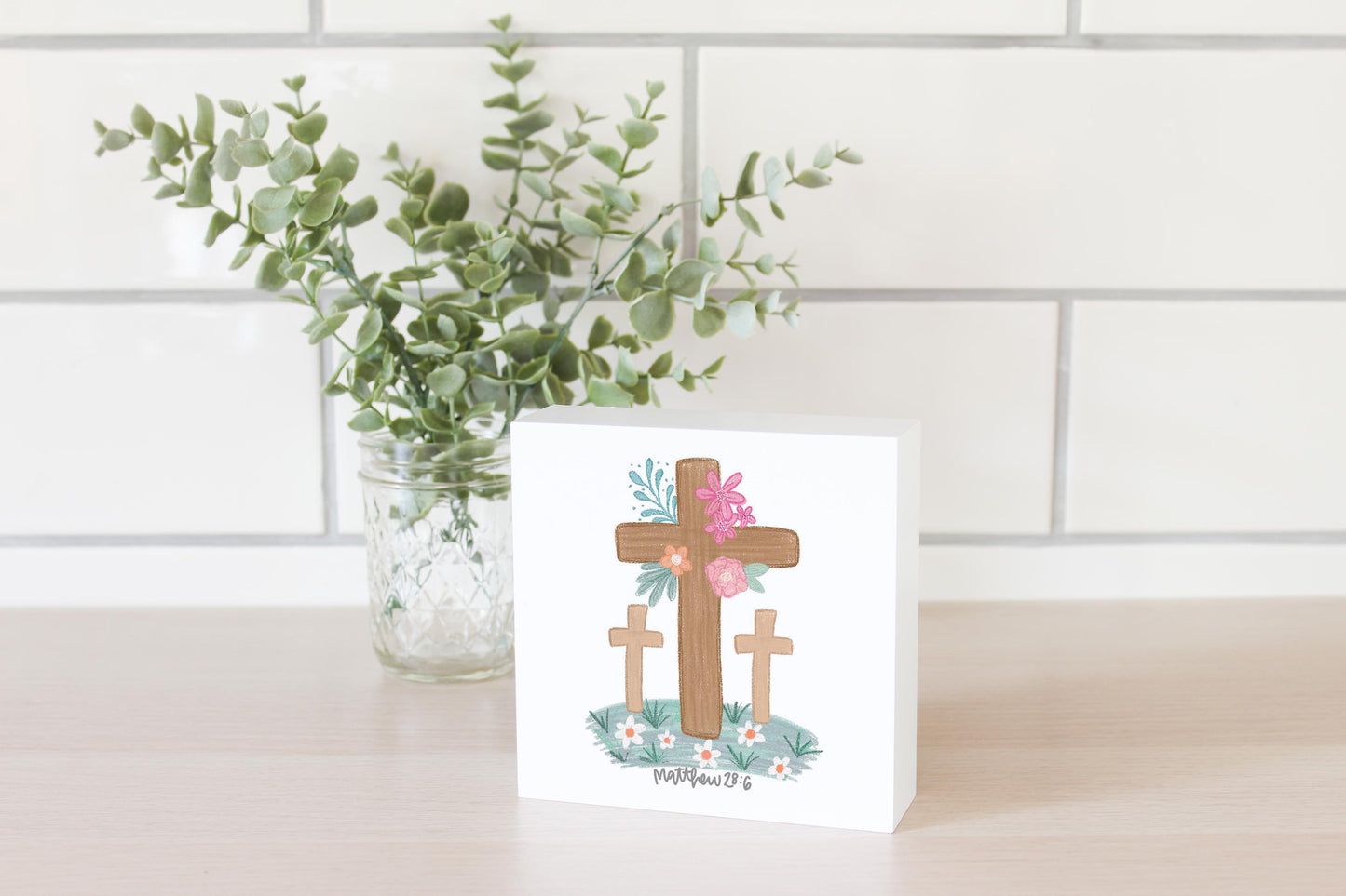 5x5 Wood Block-Floral Cross Matthew 28:6