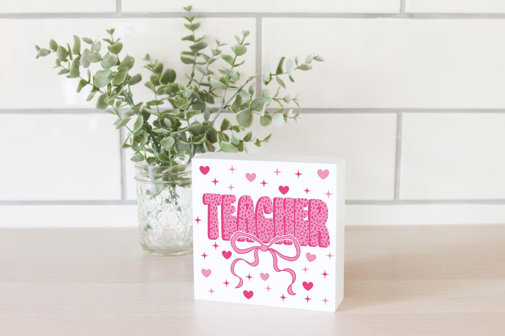 5x5 Wood Block-Classroom Coquette Teacher Hearts & Bow -2