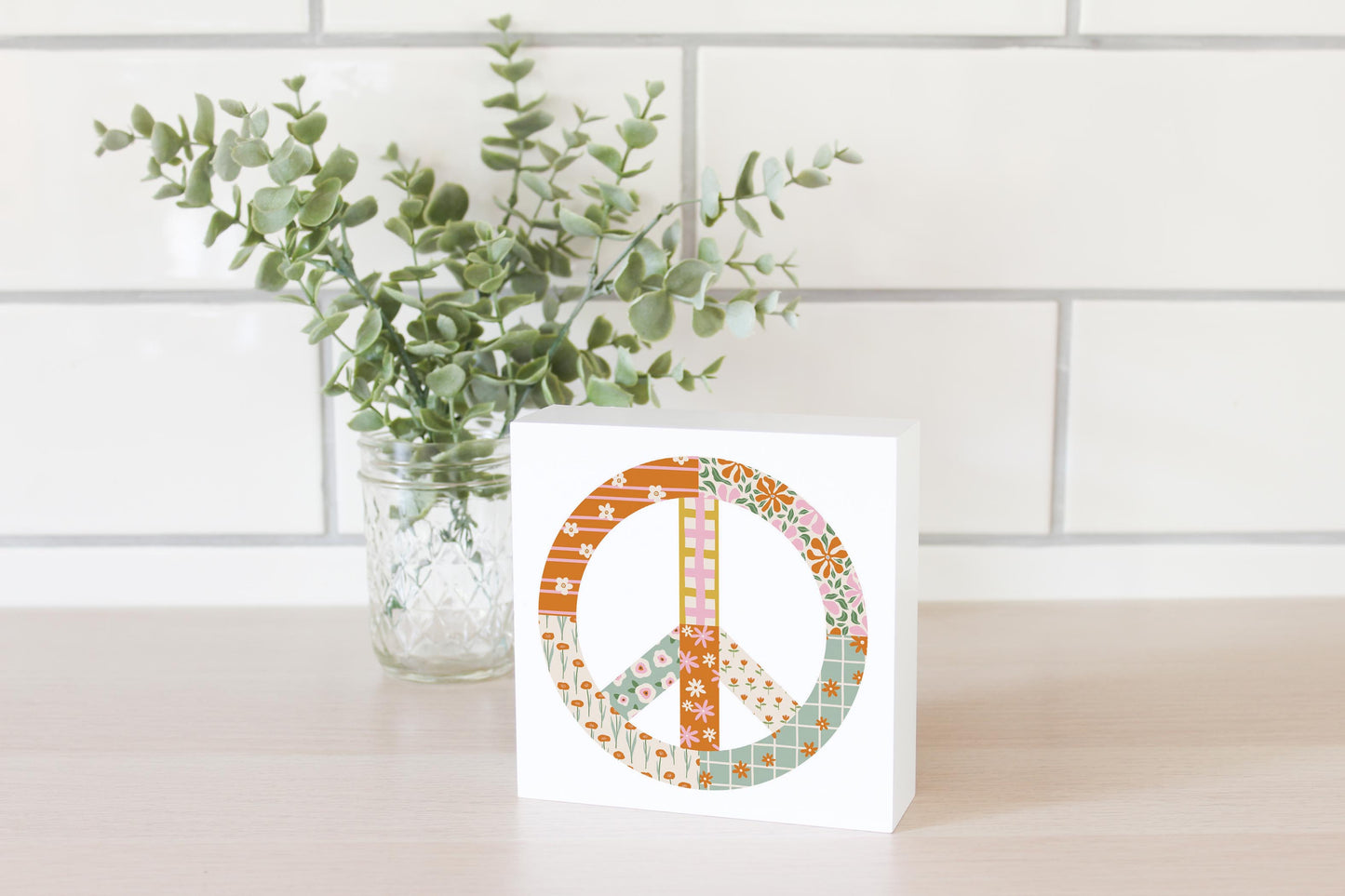 5x5 Wood Block-Spring Patch Peace Sign