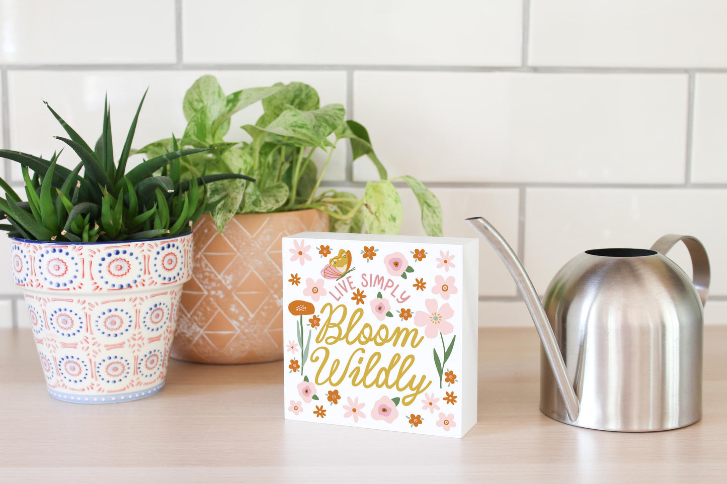 5x5 Wood Block-Spring Live Simply Bloom Wildly