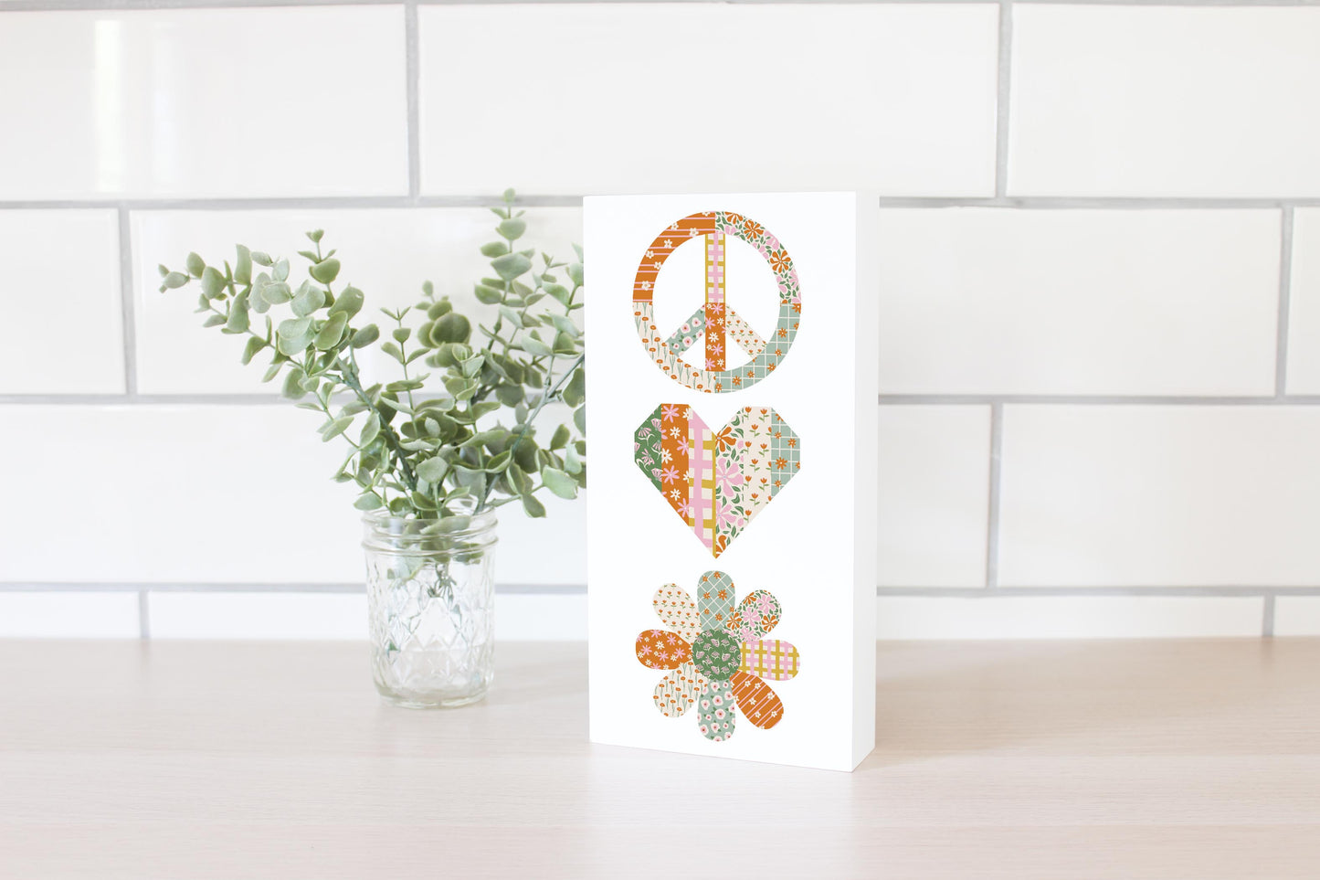 5x10 Wood Block-Spring Peace Love Flower