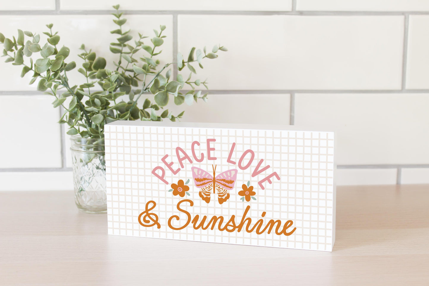 5x10 Wood Block Horizontal-Spring Peace Love & Sunshine