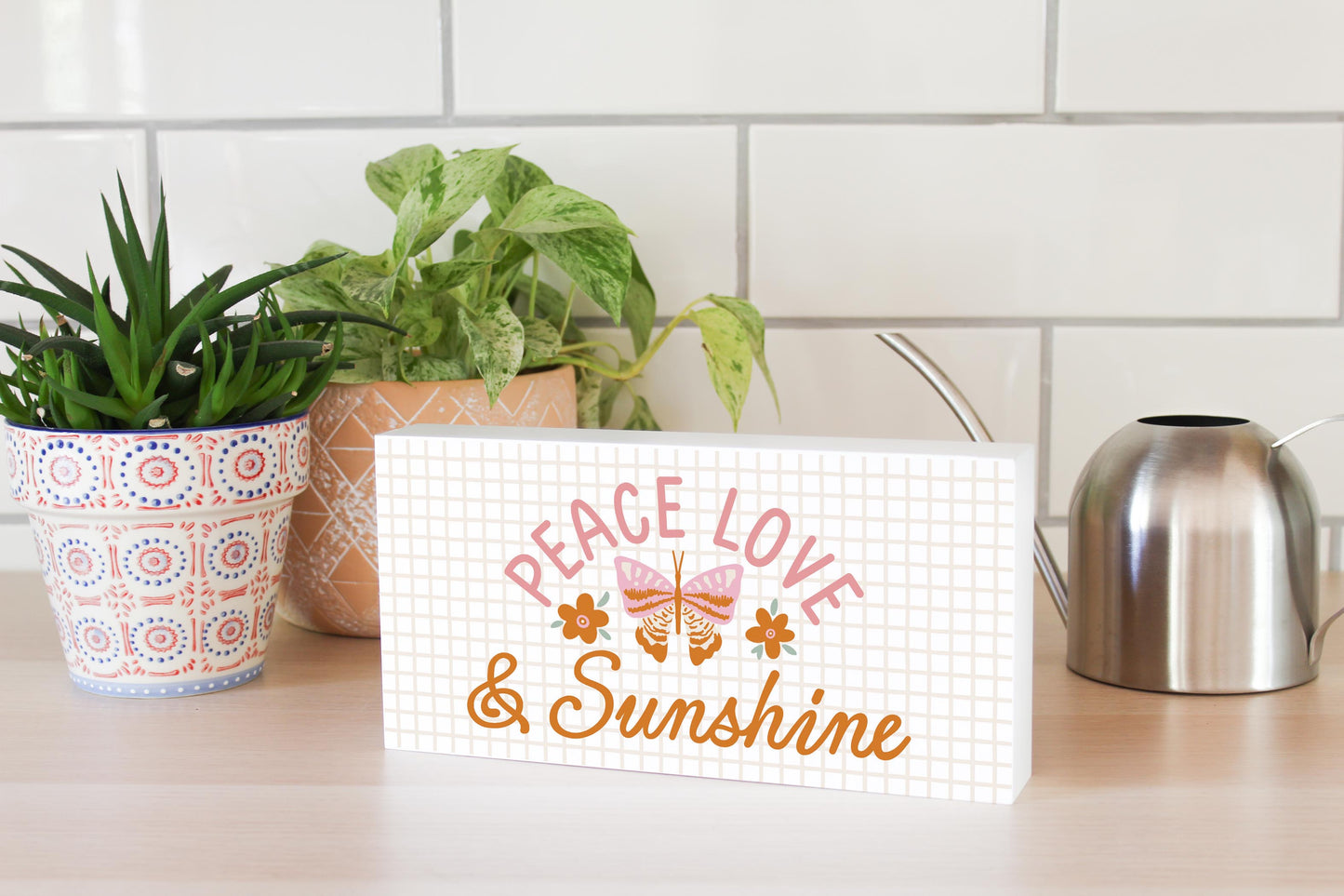 5x10 Wood Block Horizontal-Spring Peace Love & Sunshine