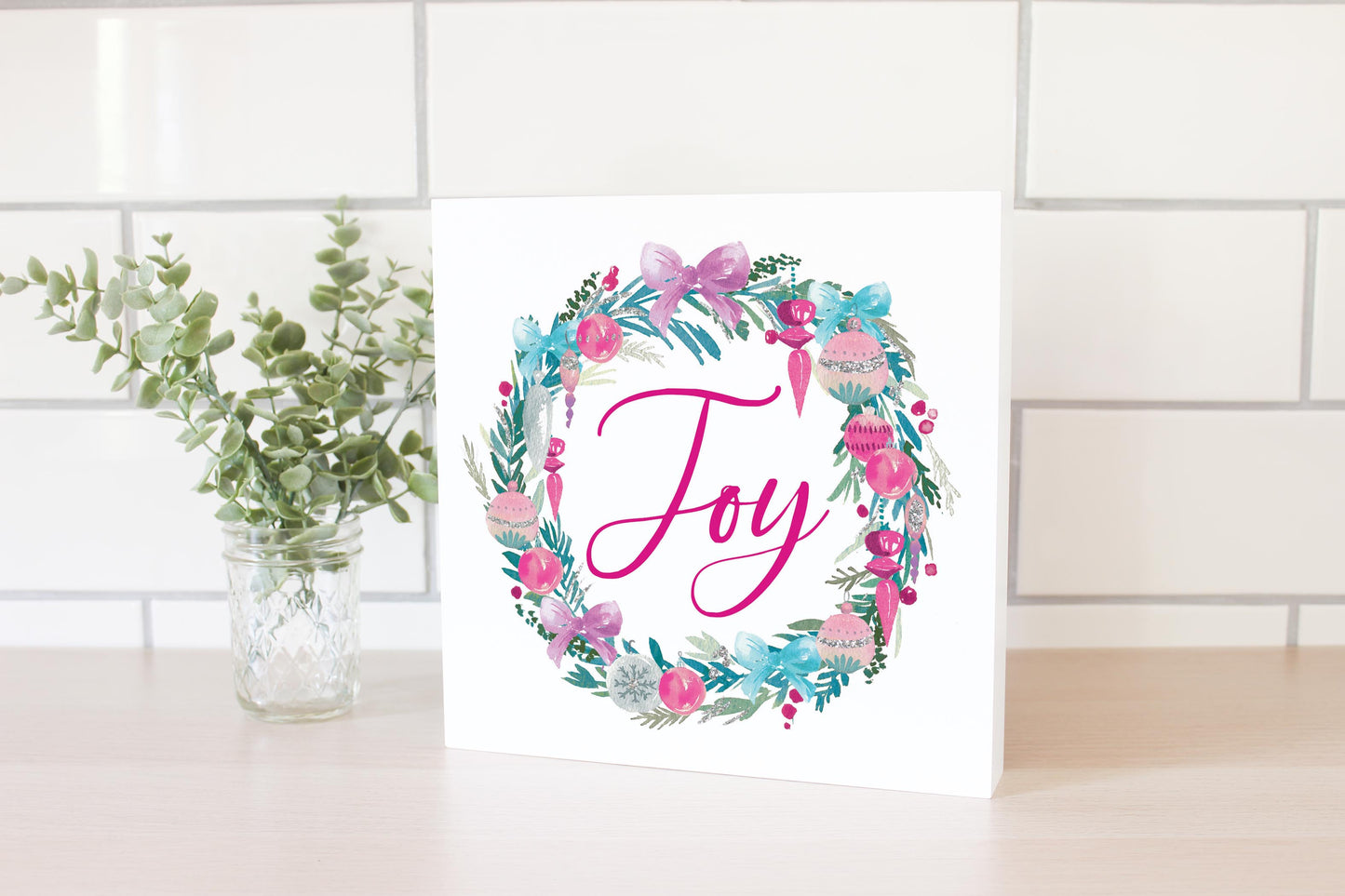 10x10 Wood Block-Watercolor Sugar Plum Joy Wreath -2