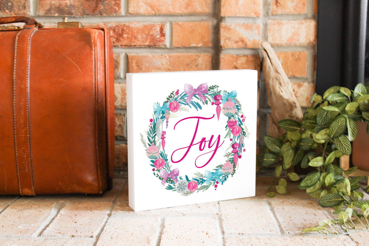 10x10 Wood Block-Watercolor Sugar Plum Joy Wreath -3