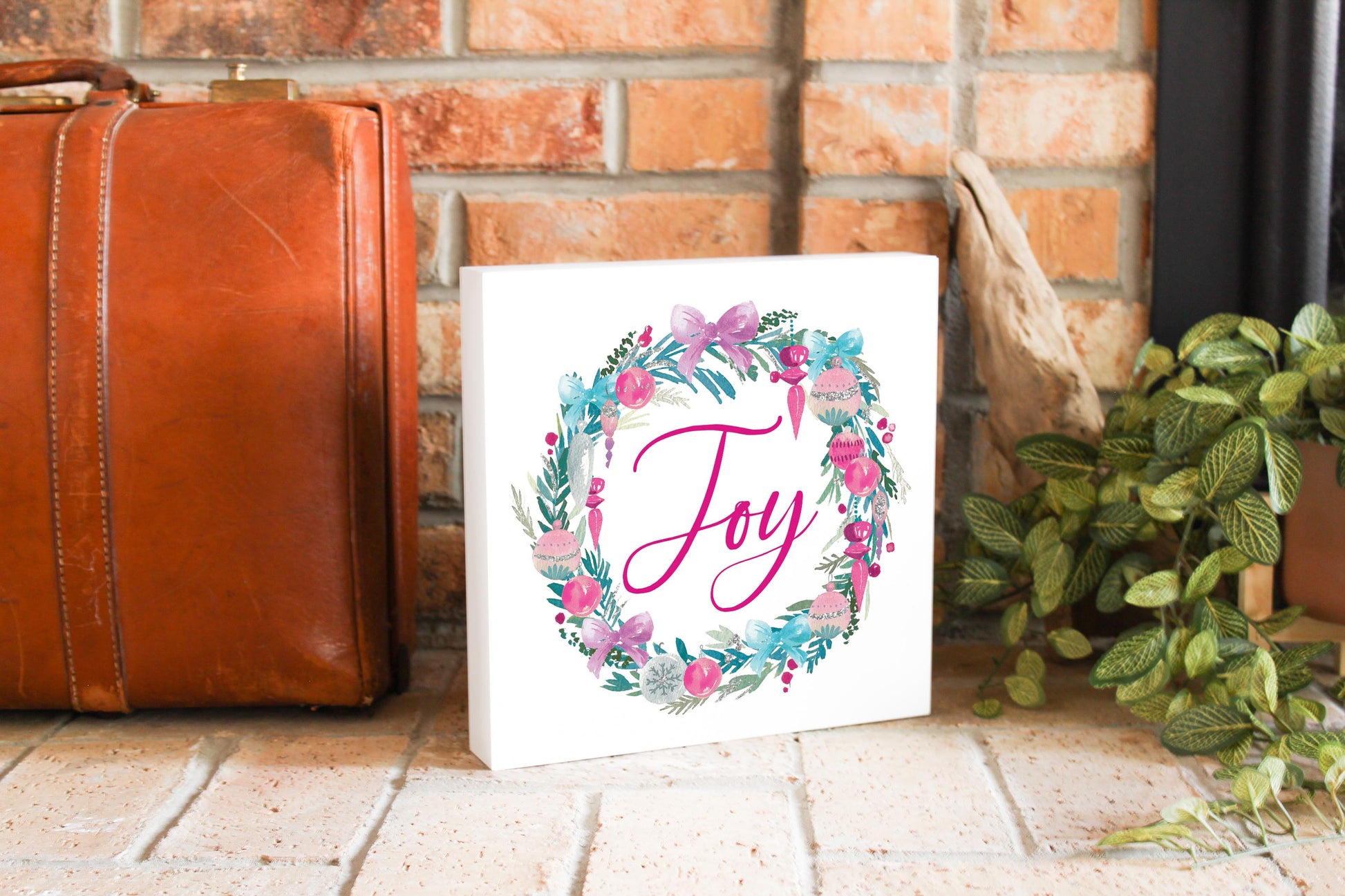 10x10 Wood Block-Watercolor Sugar Plum Joy Wreath -3