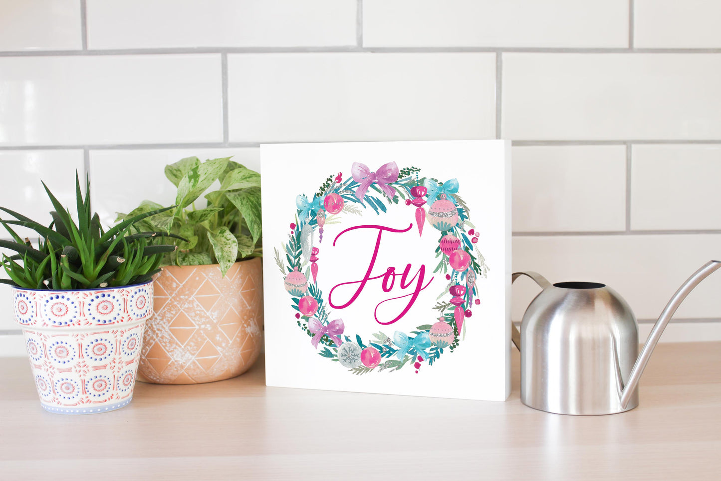 10x10 Wood Block-Watercolor Sugar Plum Joy Wreath -4