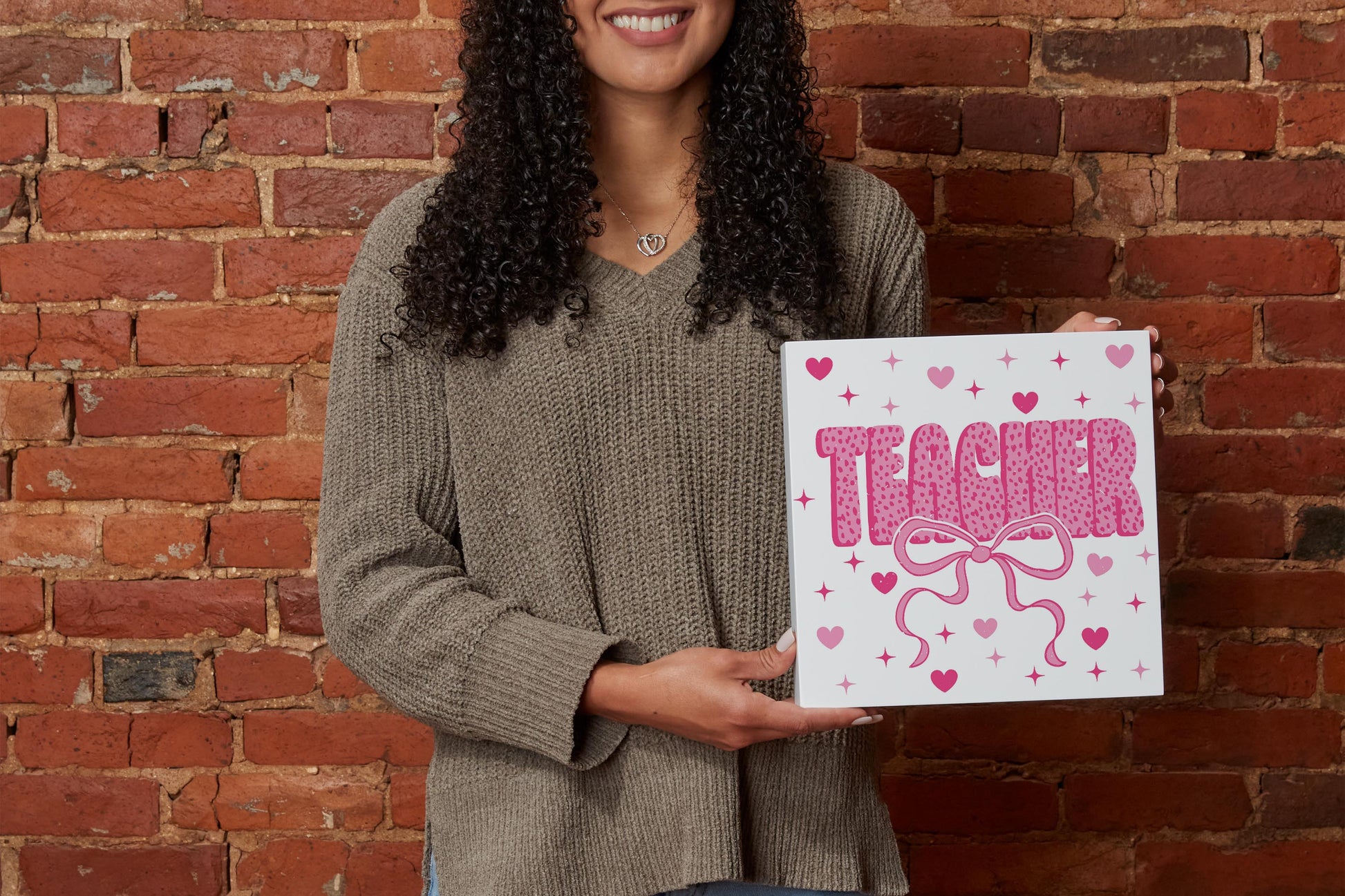 10x10 Wood Block-Classroom Coquette Teacher Hearts & Bow -1