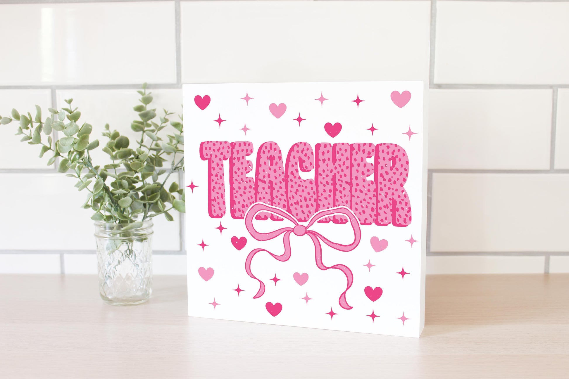 10x10 Wood Block-Classroom Coquette Teacher Hearts & Bow -2
