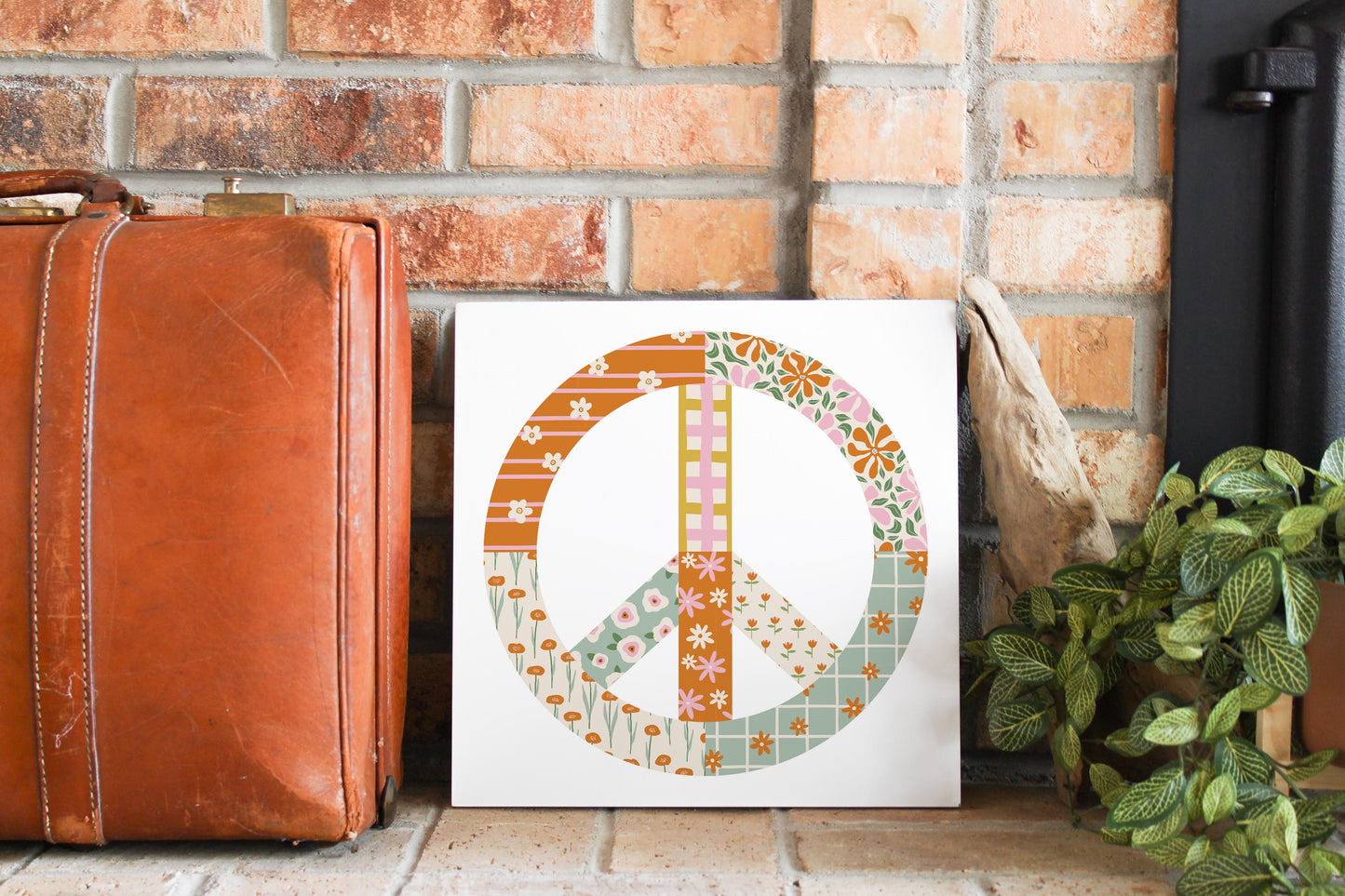 12x12 Wood Plaque-Spring Patch Peace Sign