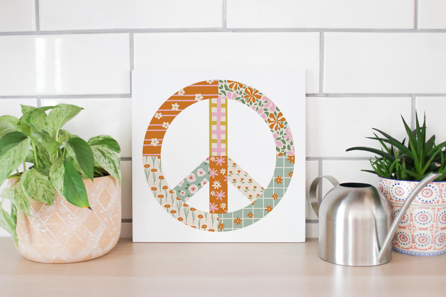 12x12 Wood Plaque-Spring Patch Peace Sign