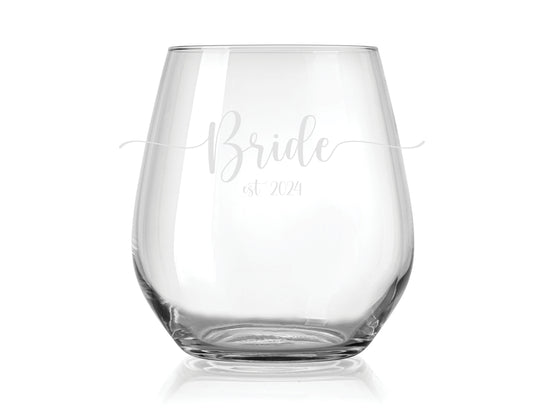 Wedding 15oz Stemless Wine Glass | Bride EST