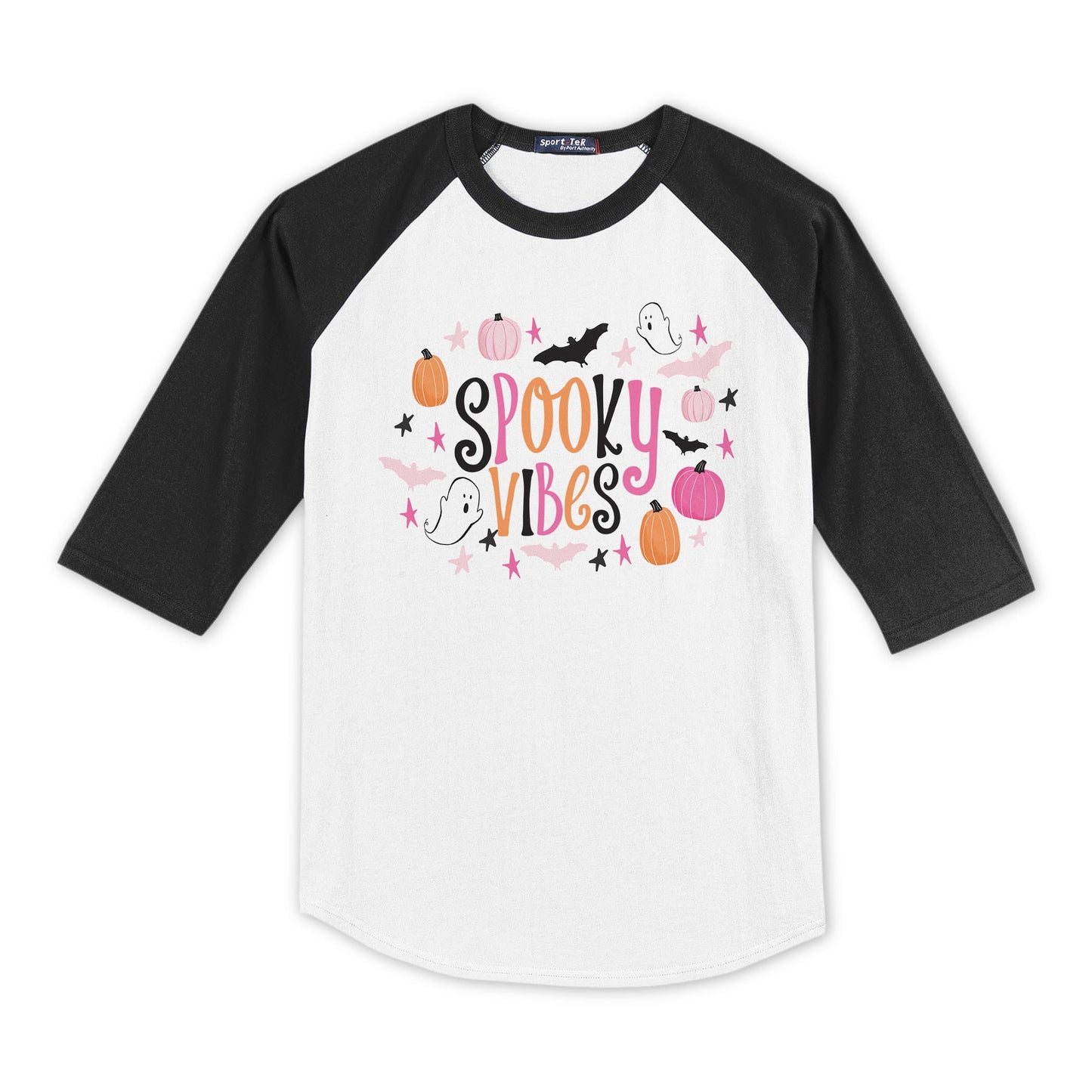 SM Sport-Tek® Youth Colorblock Raglan Black/White-Happy Ghost Spooky Vibes