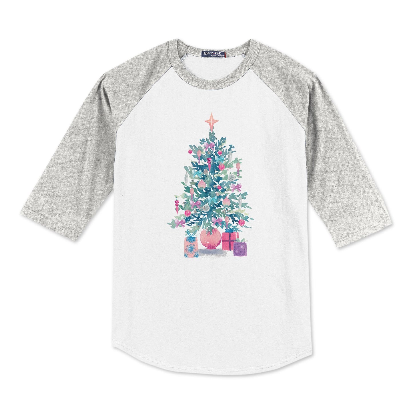 Sport-Tek® Youth Colorblock Raglan Grey/White-Watercolor Sugar Plum Christmas Tree -0