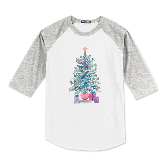Sport-Tek® Youth Colorblock Raglan Grey/White-Watercolor Sugar Plum Christmas Tree -0