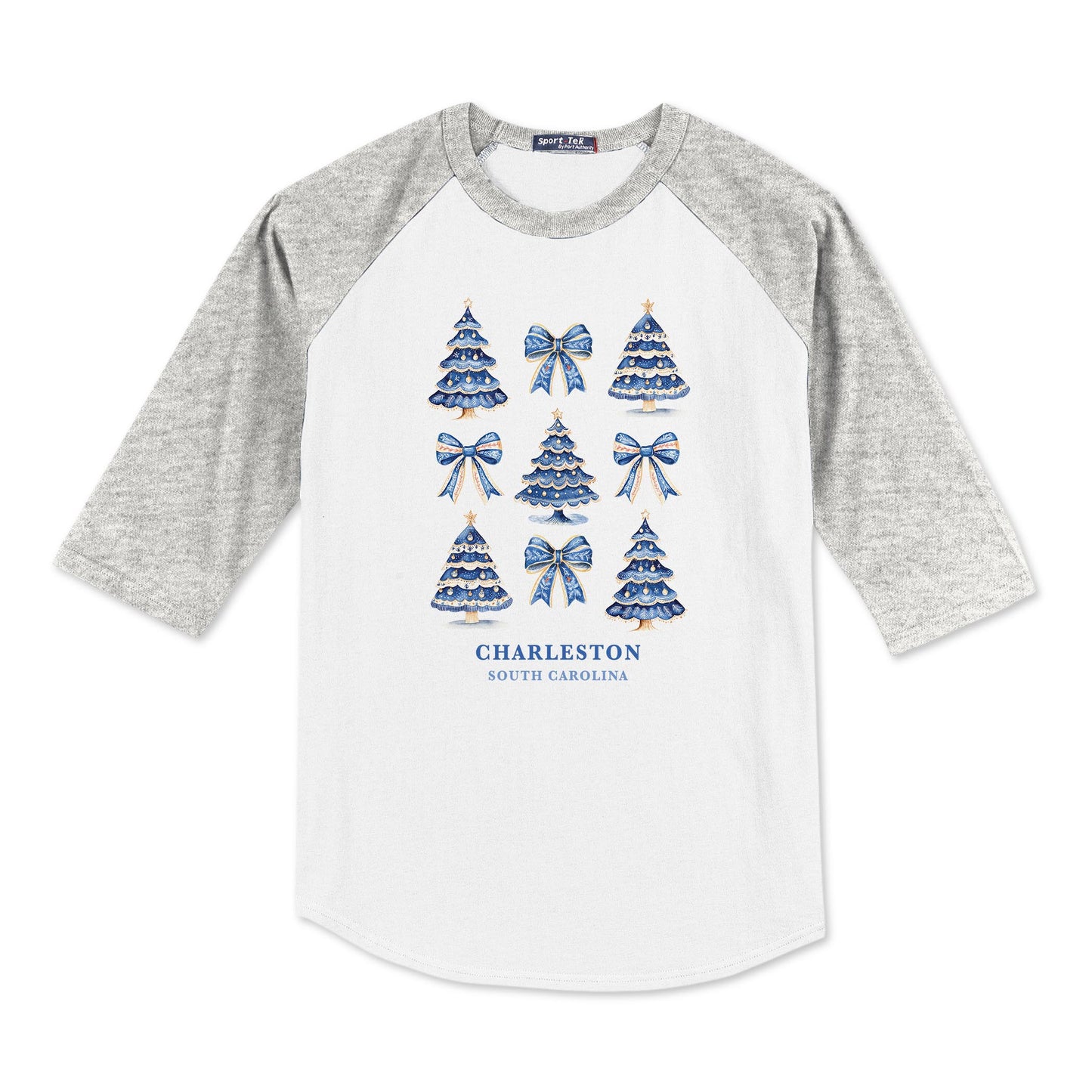 Sport-Tek® Youth Colorblock Raglan Grey/White-Love+Local Blue Noel - A Grand Millennial Christmas -0