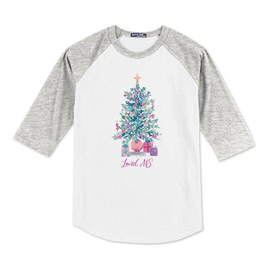 Sport-Tek® Youth Colorblock Raglan Grey/White-Watercolor Sugar Plum Christmas Tree -0
