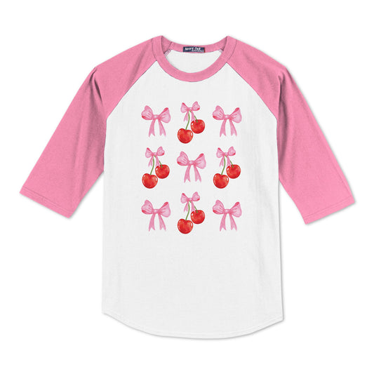 Sport-Tek® Youth Colorblock Raglan Pink/White-Cherries & Bows