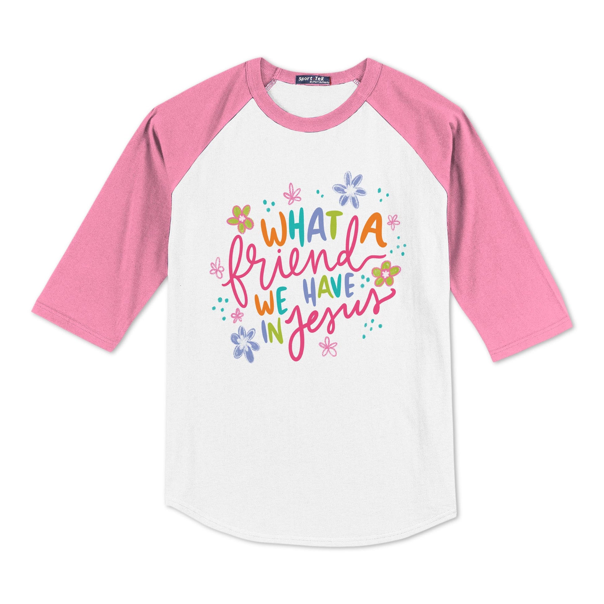 Sport-Tek® Youth Colorblock Raglan Pink/White-What A Friend We Have In Jesus -0