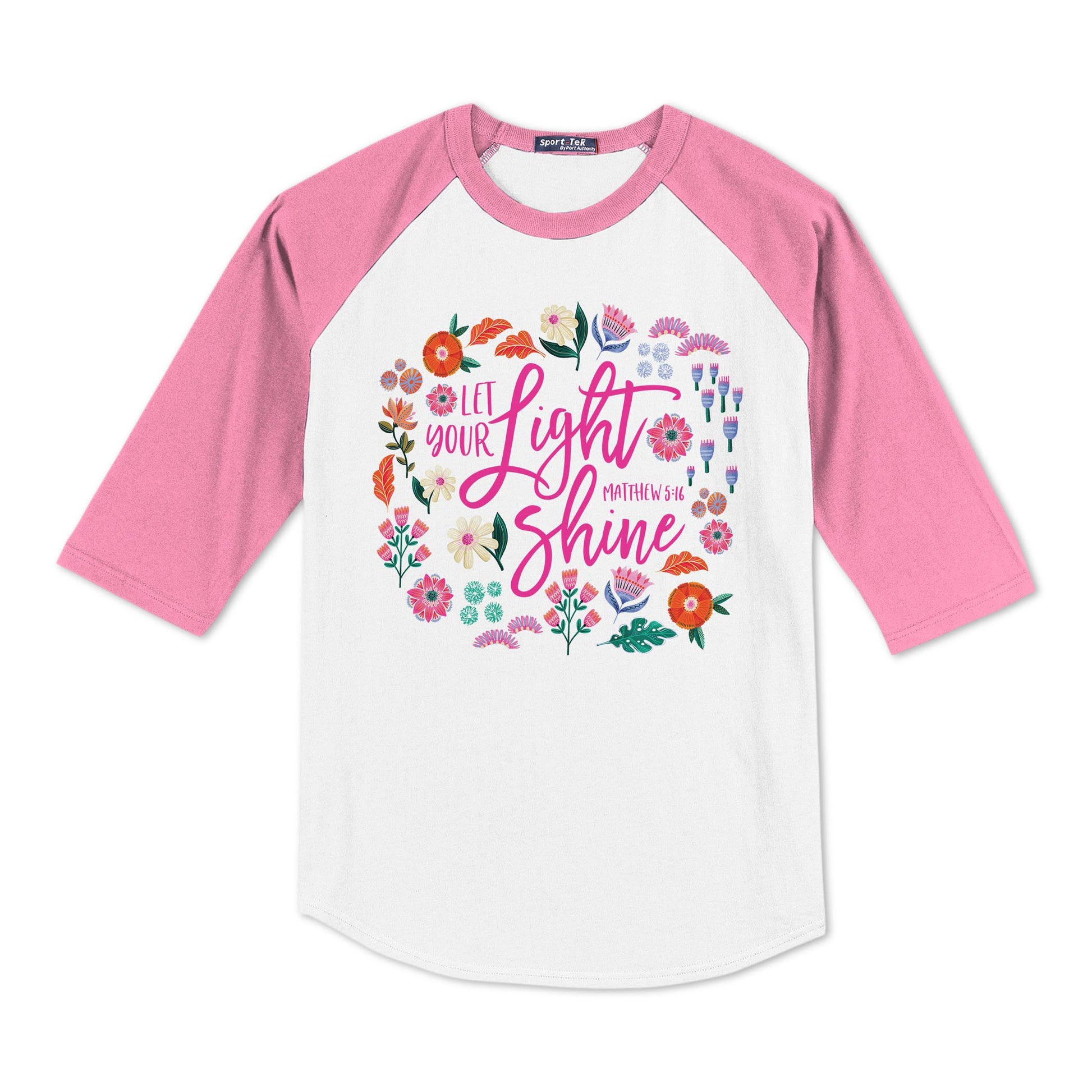 Sport-Tek® Youth Colorblock Raglan Pink/White-Radiant Hope Let Your Light Shine -0