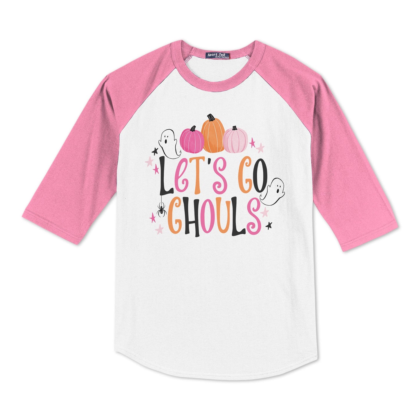 L Sport-Tek® Youth Colorblock Raglan Pink/White-Happy Ghost Let's Go Ghouls