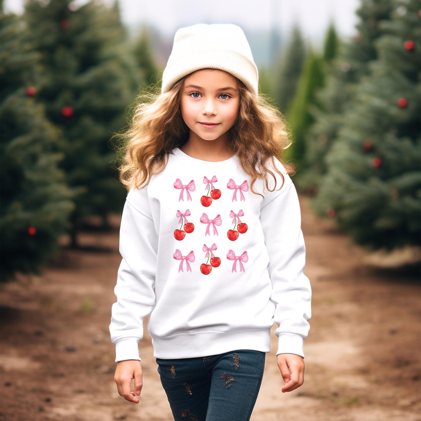 Gildan Youth Crewneck White-Cherries & Bows