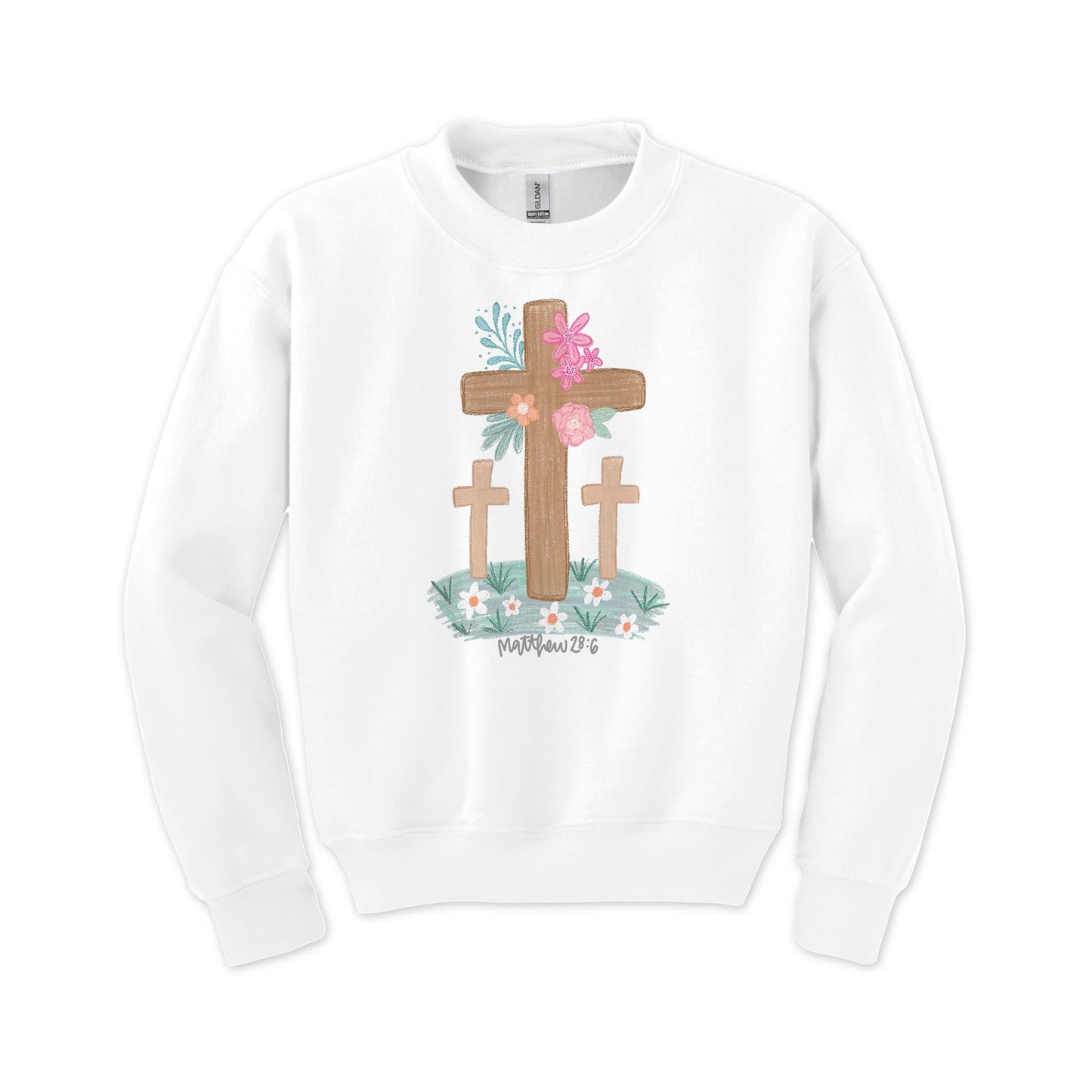 Gildan Youth Crewneck White-Floral Cross Matthew 28:6