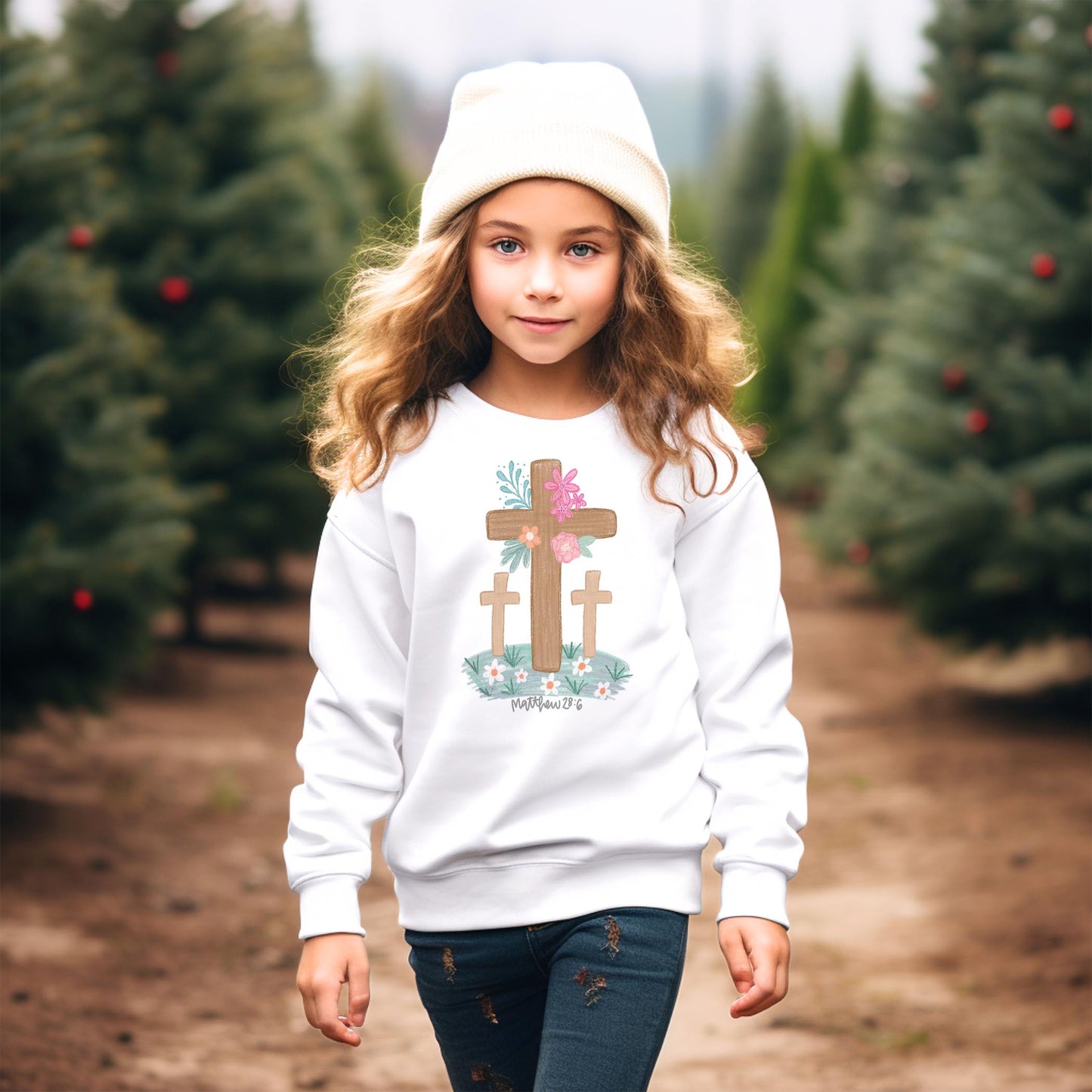 Gildan Youth Crewneck White-Floral Cross Matthew 28:6