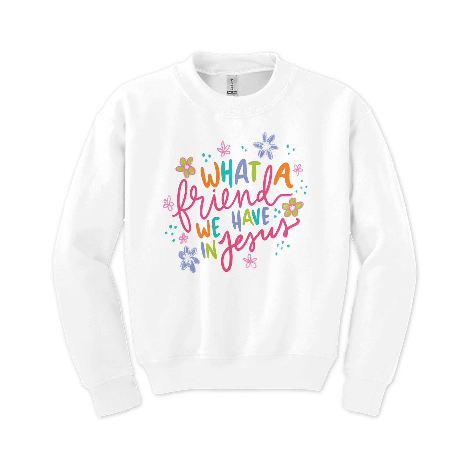 Gildan Youth Crewneck White-What A Friend We Have In Jesus -0