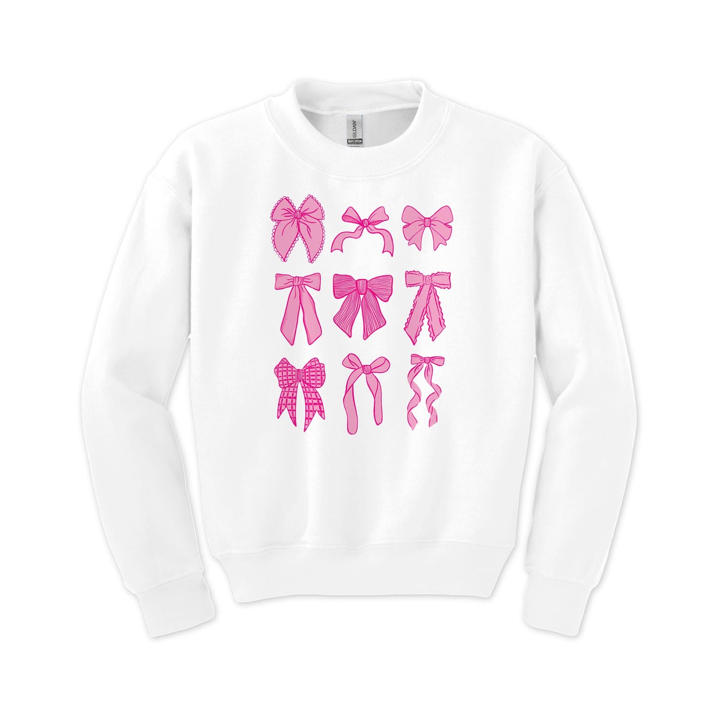 Gildan Youth Crewneck White-Preppy Bows Pink