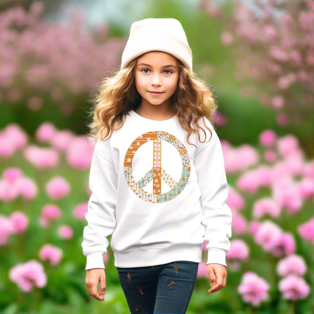 Gildan Youth Crewneck White-Spring Patch Peace Sign