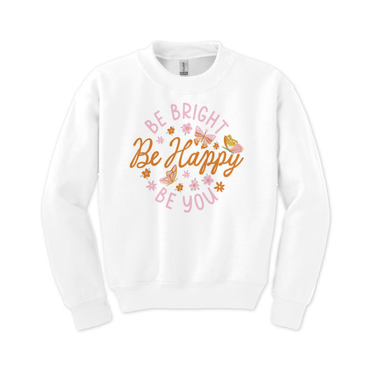 Gildan Youth Crewneck White-Spring Be Bright Be Happy