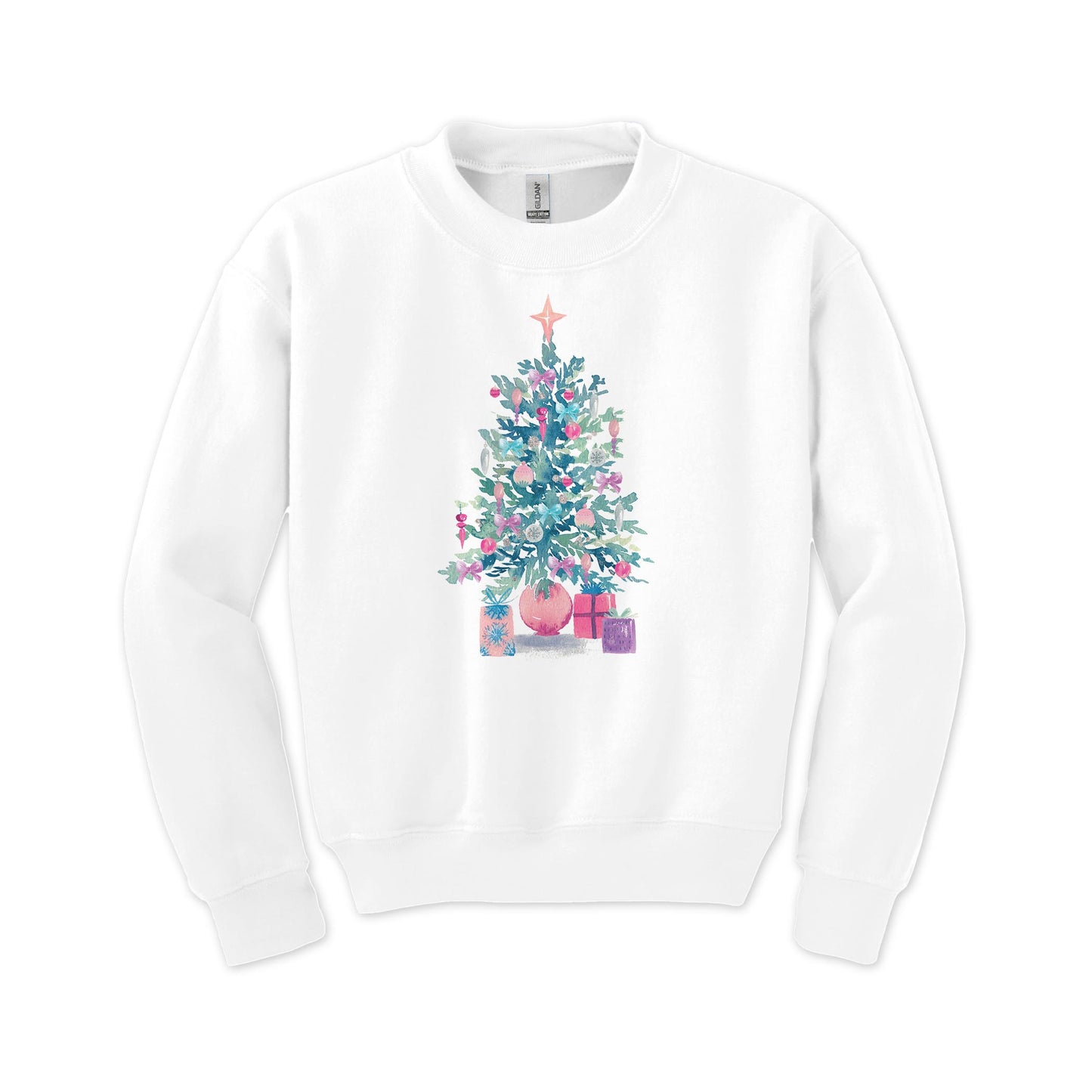 Gildan Youth Crewneck White-Watercolor Sugar Plum Christmas Tree -0