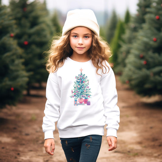 Gildan Youth Crewneck White-Watercolor Sugar Plum Christmas Tree -1
