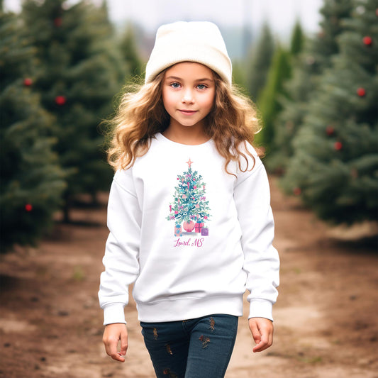 Gildan Youth Crewneck White-Watercolor Sugar Plum Christmas Tree -1